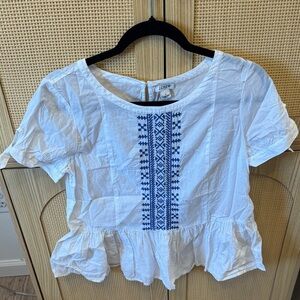 J. Crew White Blouse with Blue Embroidery
